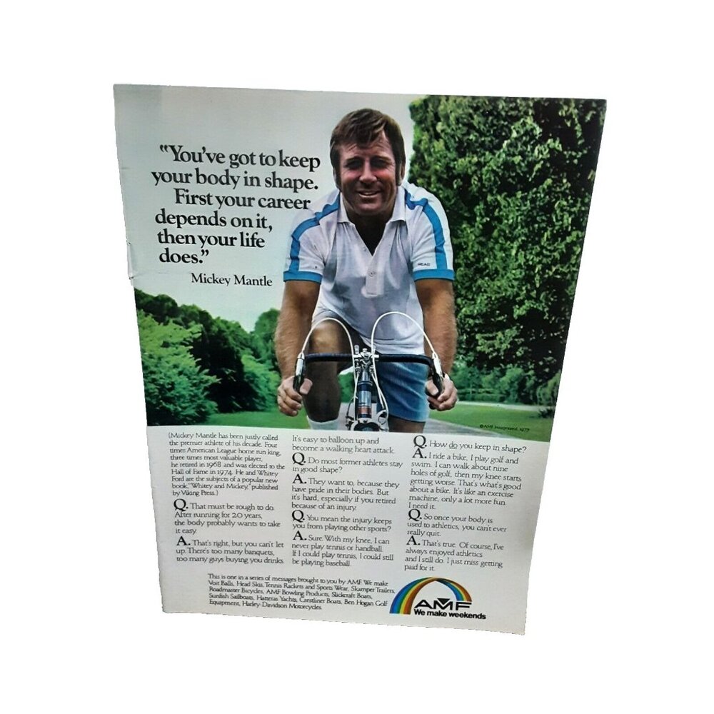 1977 Mickey Mantle AMF Bicycle Bike Cycling Original Print Ad Vintage 70s